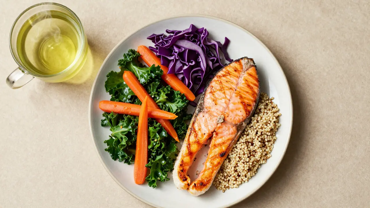 A healthy meal with salmon, quinoa, and colorful vegetables next to green tea