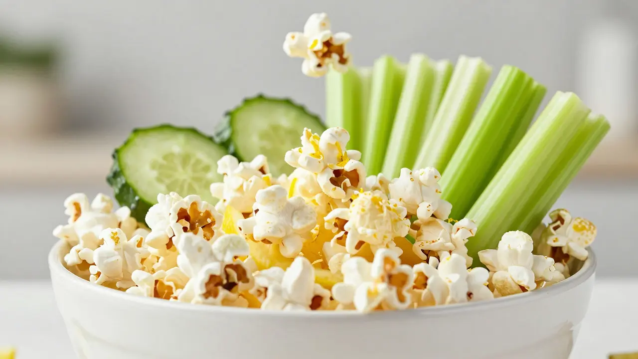 A large bowl of popcorn, sliced cucumbers, and celery sticks