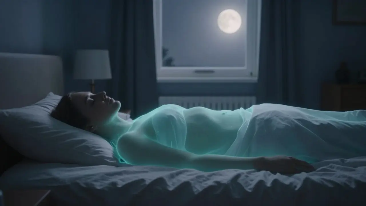 A person sleeping peacefully in a dim room, surrounded by a soothing teal glow of relaxation.