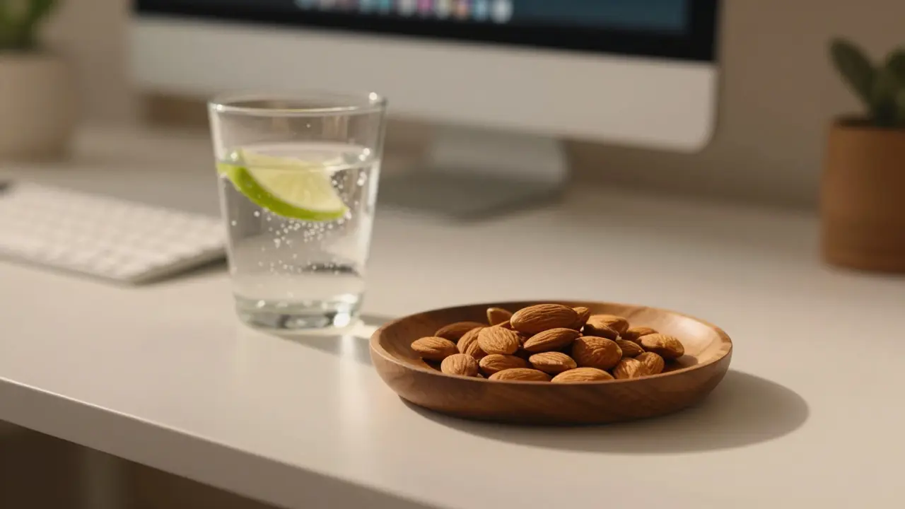 A small plate of almonds and a glass of water on a desk