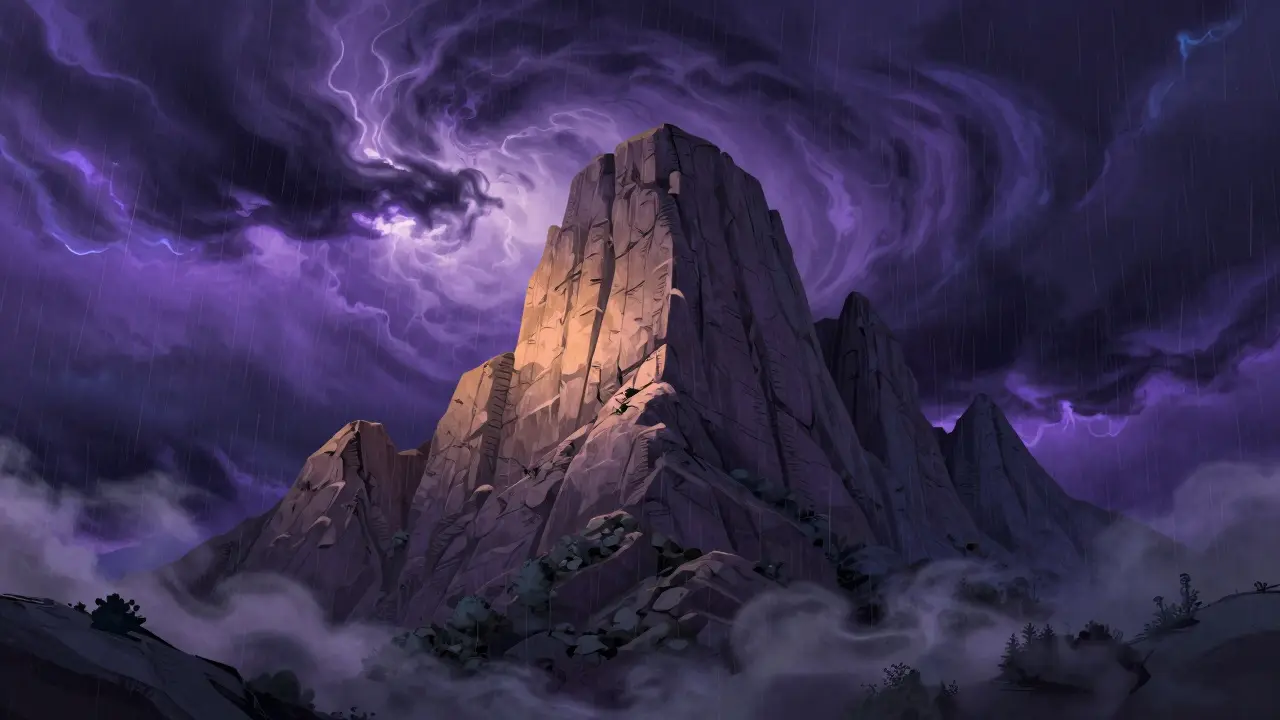 A steady stone mountain standing still amidst a swirling, colorful storm of emotions.