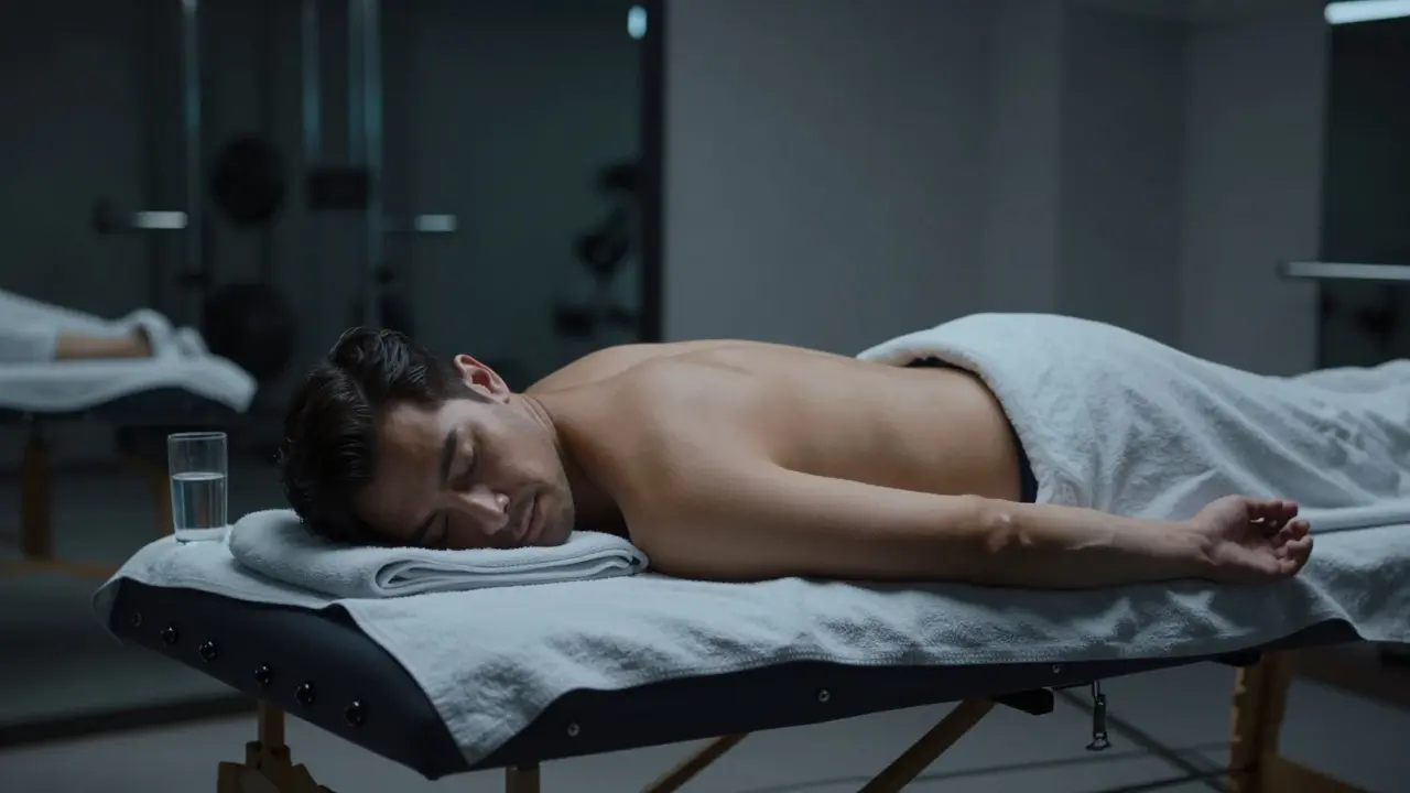 Athlete relaxing on a massage table in a calm, dimly lit recovery studio.