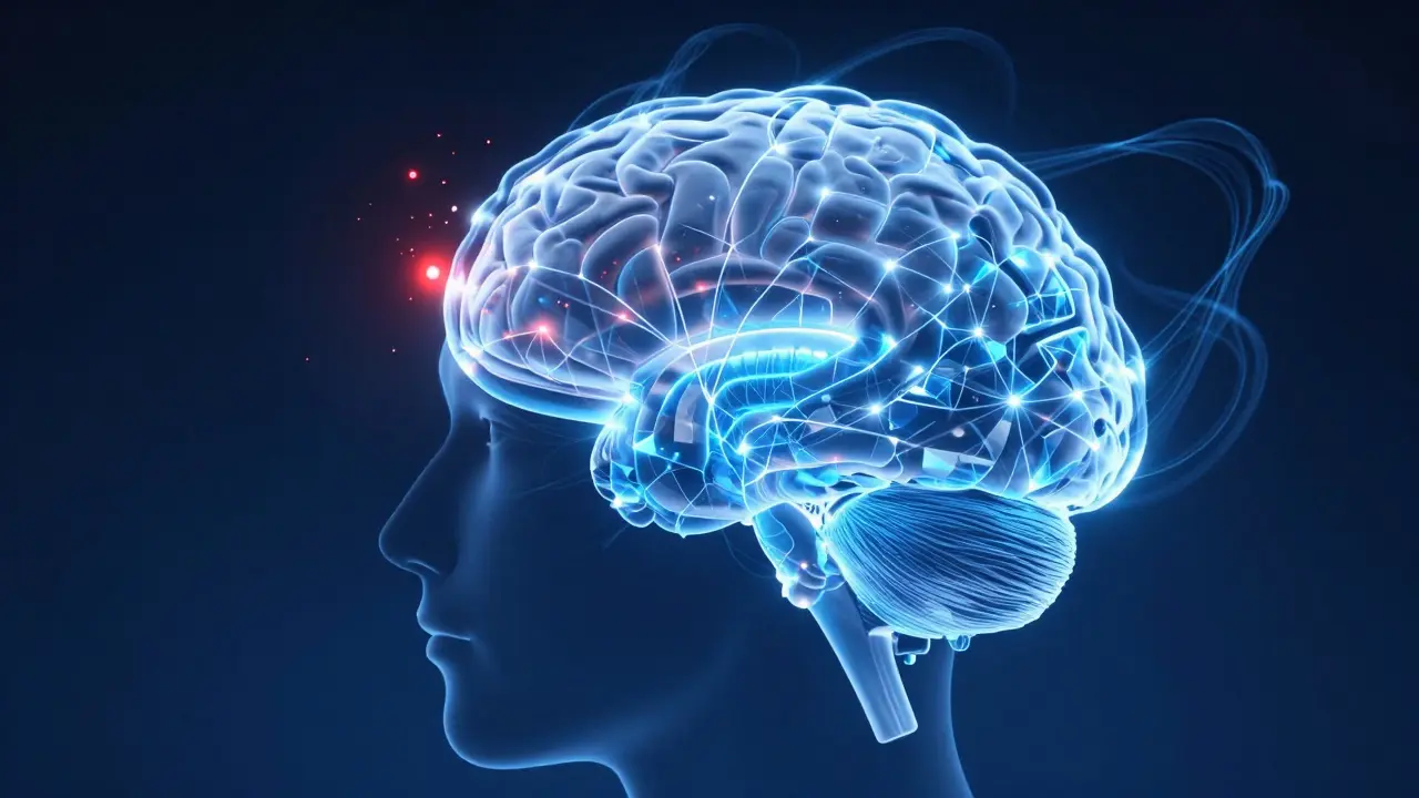 Conceptual art of a human brain showing the transition from a stress response to logical thinking.