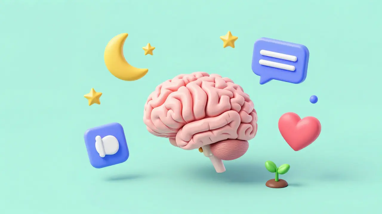 Isometric 3D illustration of a brain surrounded by wellness icons for sleep, therapy, and mood