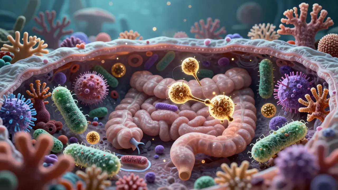 Microscopic view of a diverse and colorful gut microbiome ecosystem interacting with immune cells.