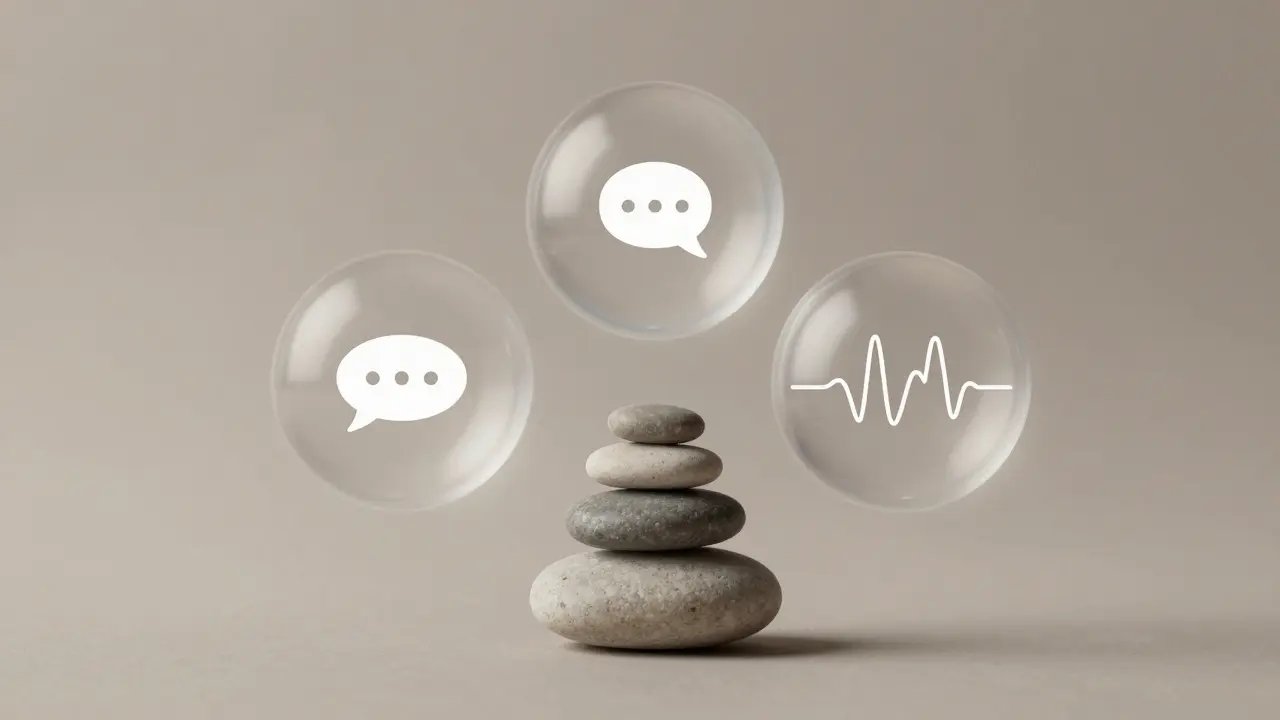Three translucent spheres representing a balanced mental health app strategy