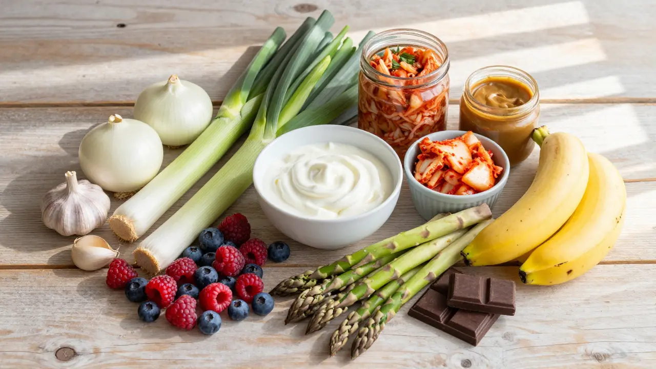 Assortment of prebiotic vegetables, fermented foods, and polyphenol-rich snacks