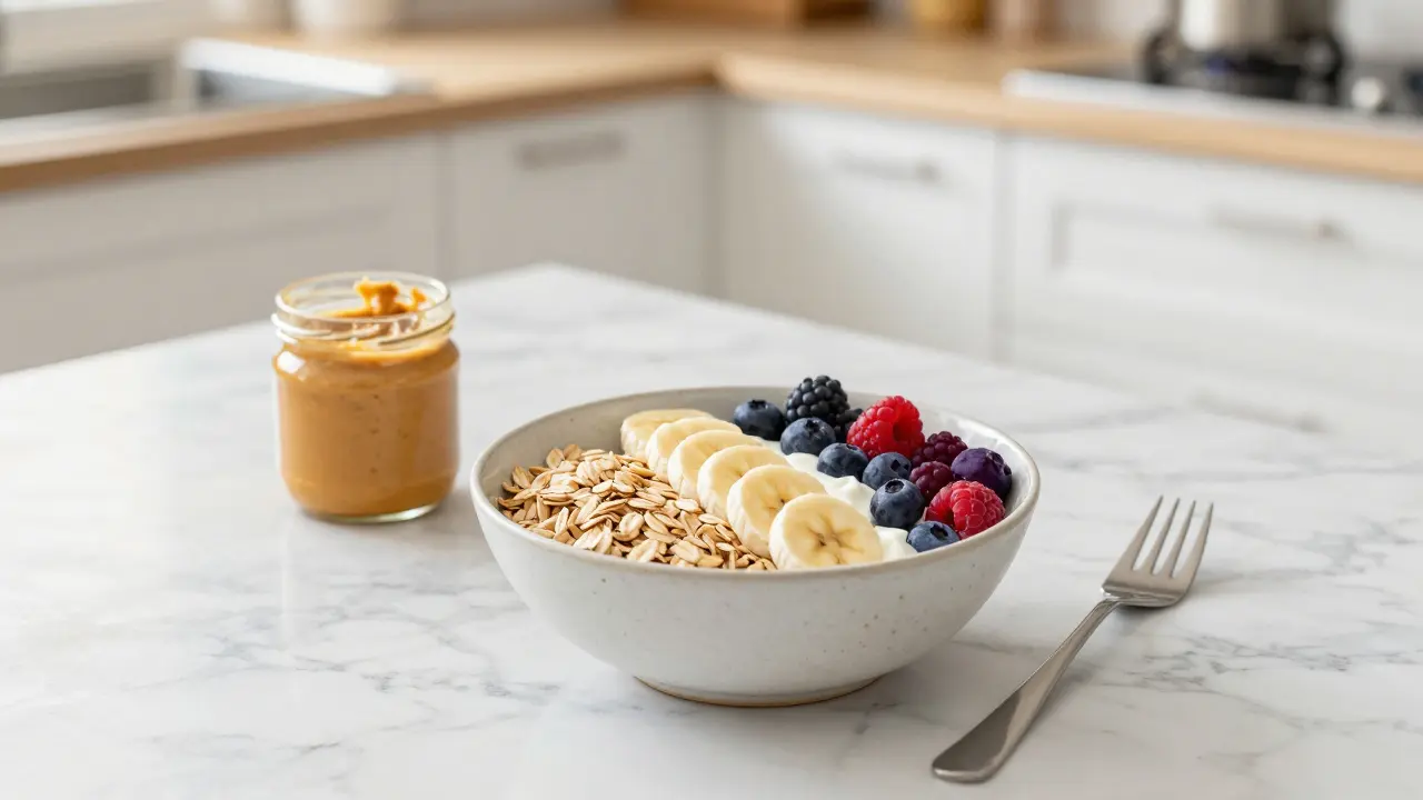 Bowl of oatmeal with banana slices and berries on a kitchen counter