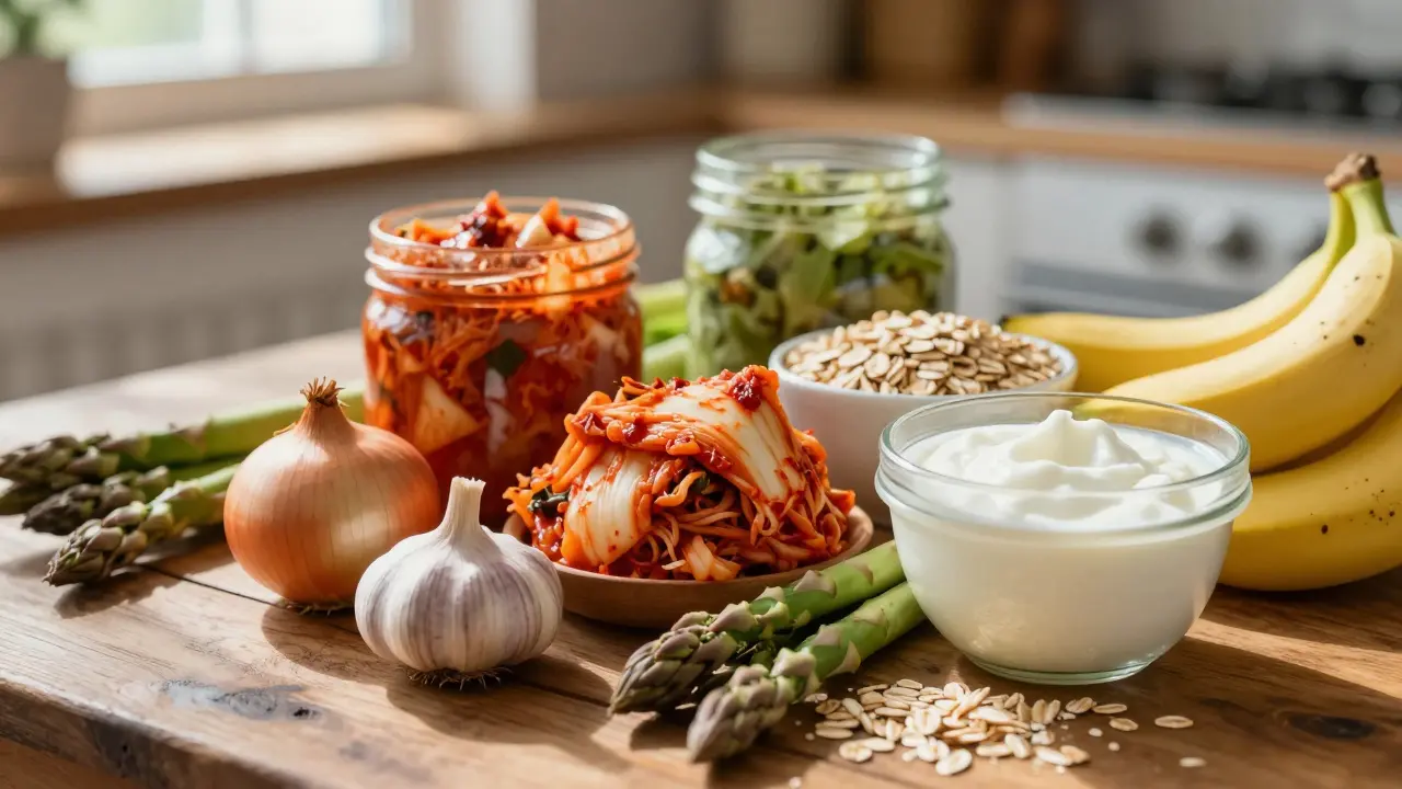 Colorful assortment of fiber-rich and fermented foods on a wooden table.