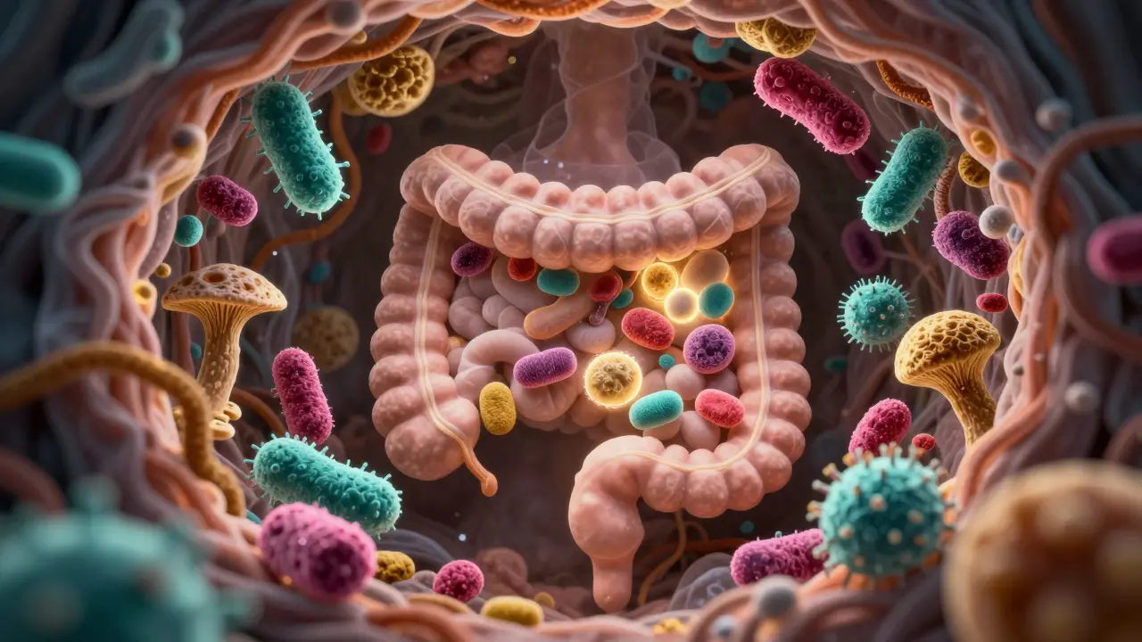 Colorful microscopic view of diverse beneficial bacteria in the gut.