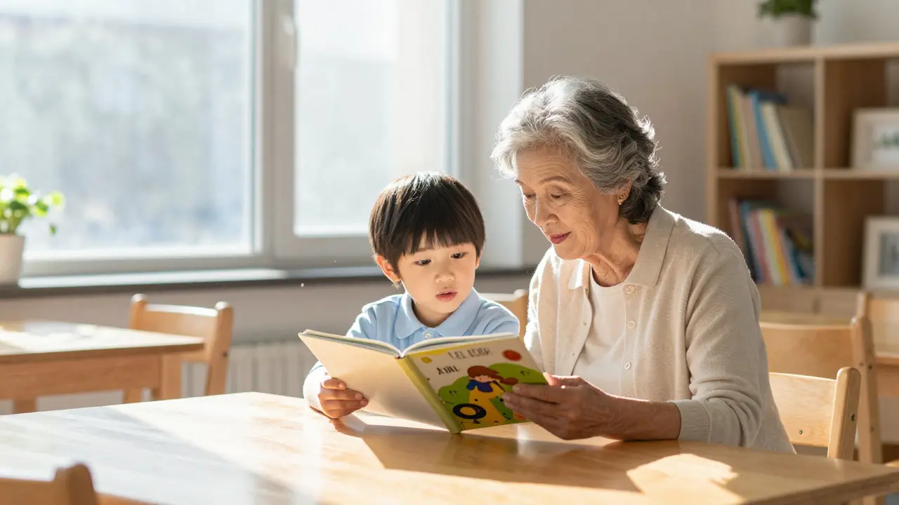 Elderly woman reading to a child in a sunlit room, showing intergenerational bonding.