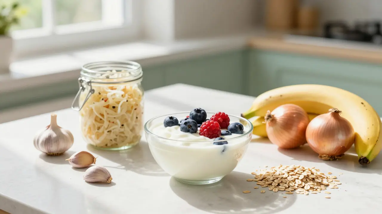 Fresh gut-healthy foods like yogurt, sauerkraut, and fruits on a table.