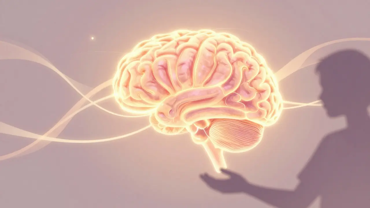 Glowing brain illustration symbolizing dopamine and oxytocin release from kindness.