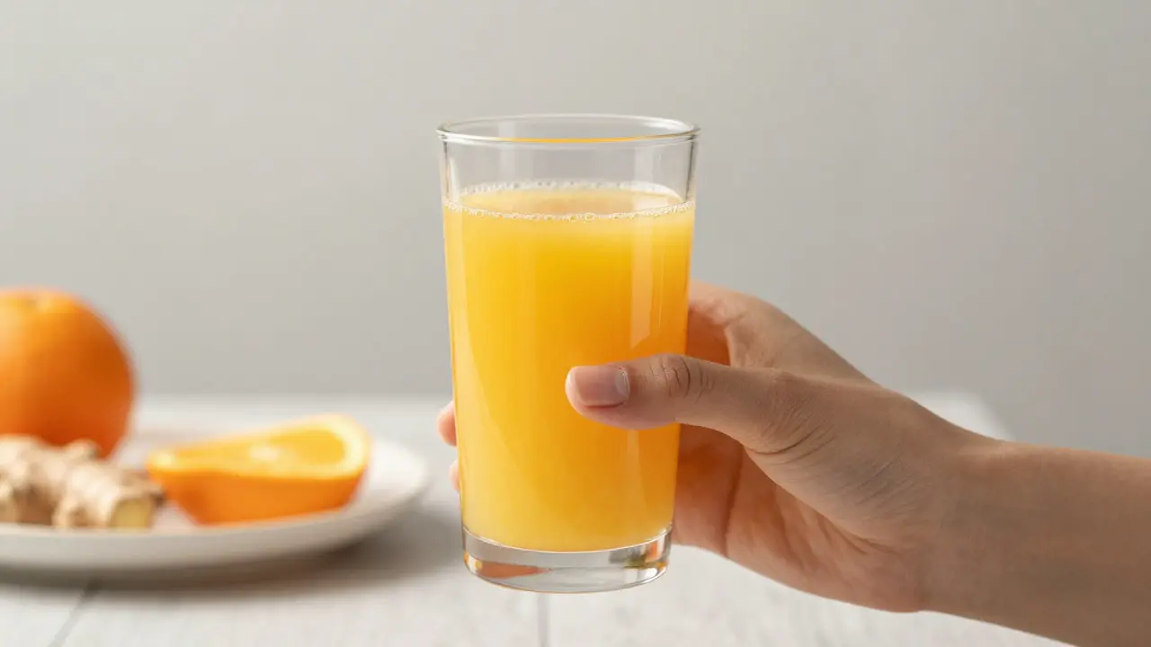 Hands holding a glass of fresh orange ginger juice in a bright morning setting