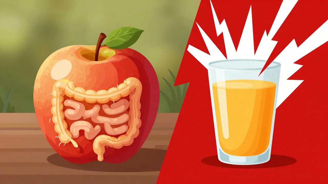 Illustration contrasting whole apple with spiky glass of juice