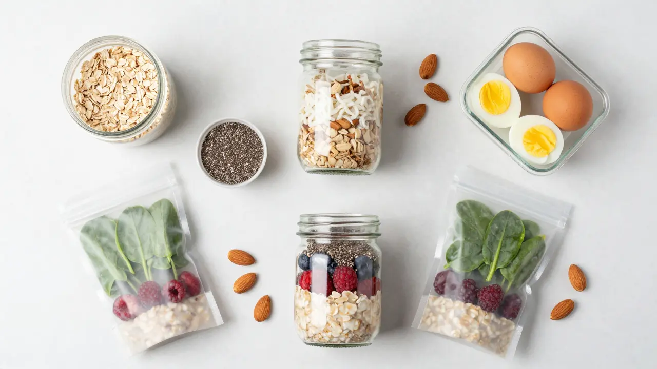 Meal prep setup with oats, smoothie packs, and hard-boiled eggs