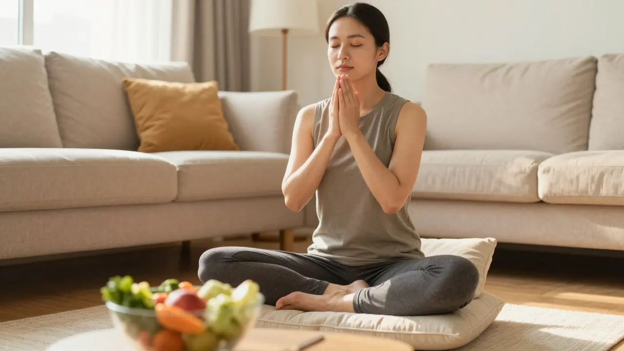 Person meditating peacefully to support digestive health and reduce stress.