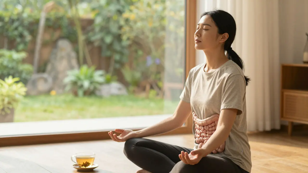Person relaxing and meditating in a sunlit room to reduce stress for gut health