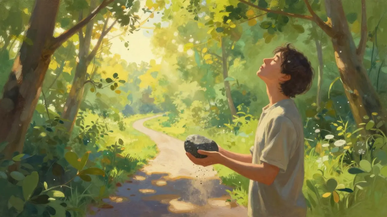 Person releasing a heavy stone into a sunny forest, symbolizing relief