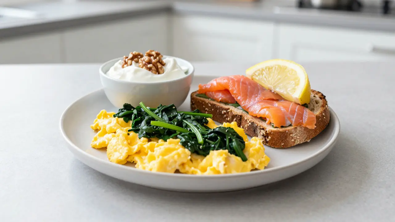 Scrambled eggs, spinach, smoked salmon toast, and yogurt on a plate