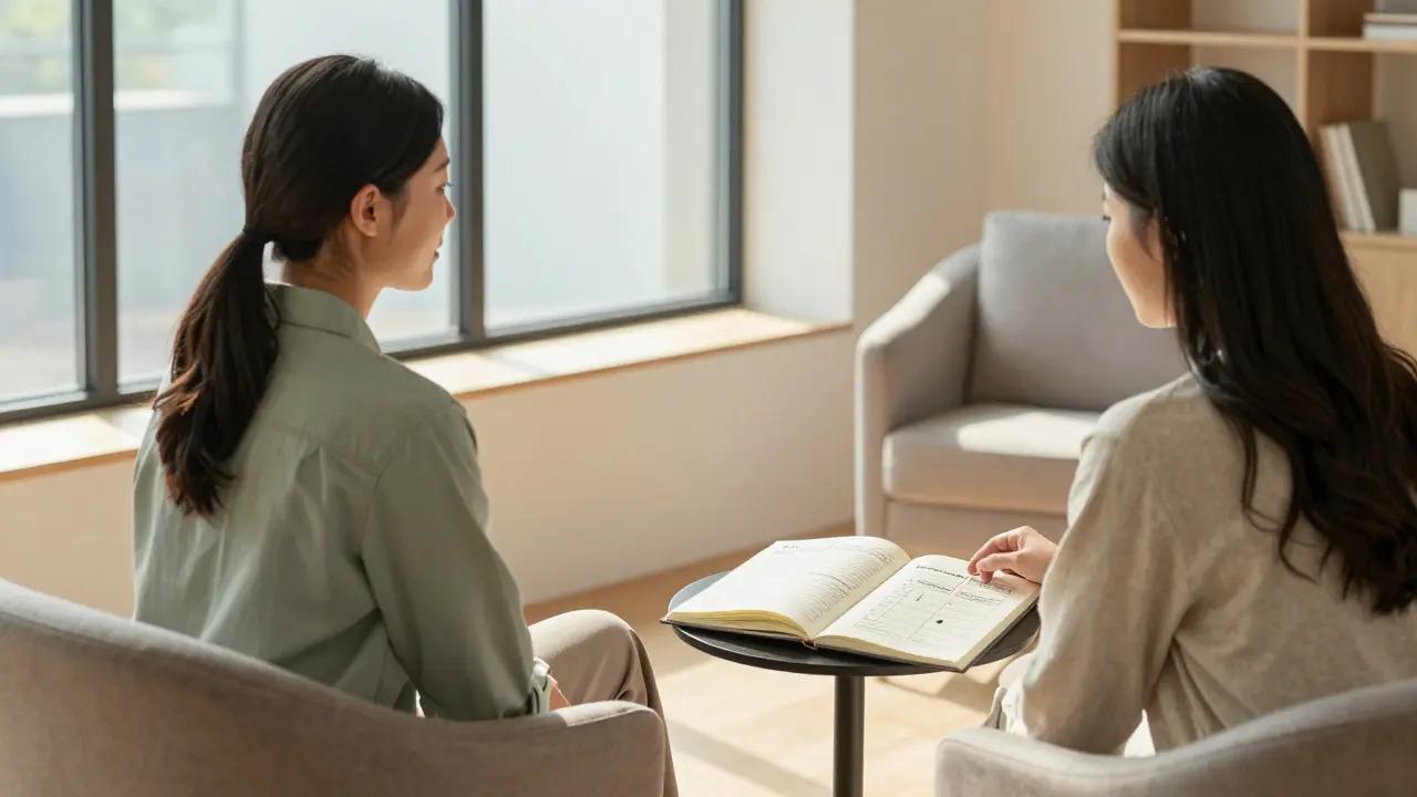 Therapist and client discussing CBT techniques in a calm, sunlit office
