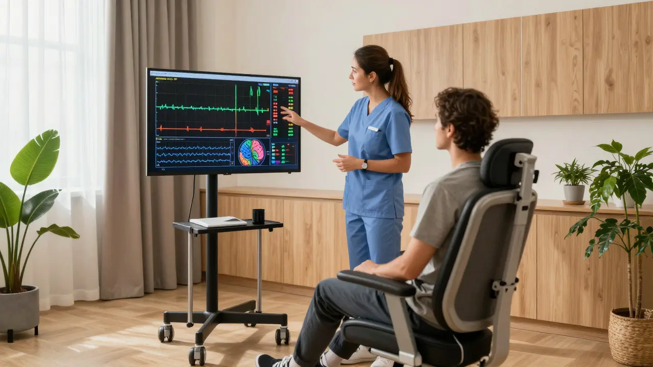 Therapist guiding a patient during a biofeedback session in a calm clinic