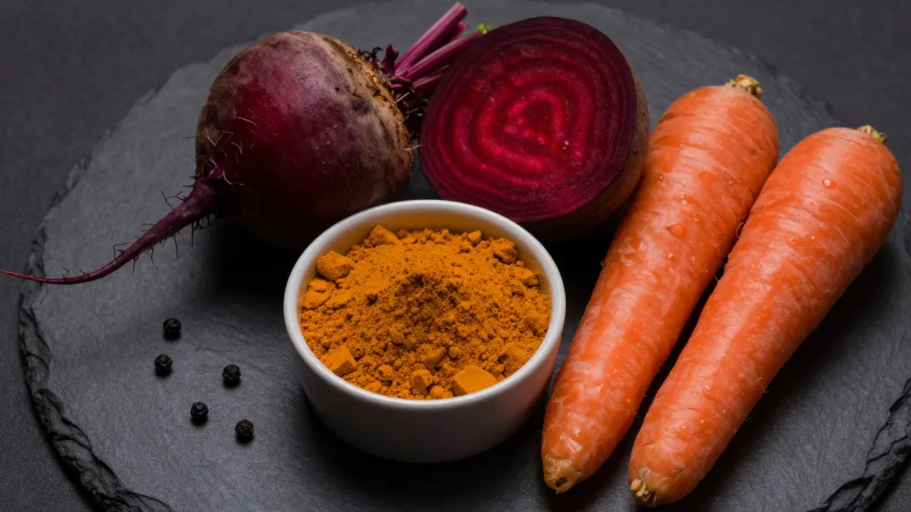 Turmeric, beets, and carrots arranged on a dark slate for anti-inflammatory juice