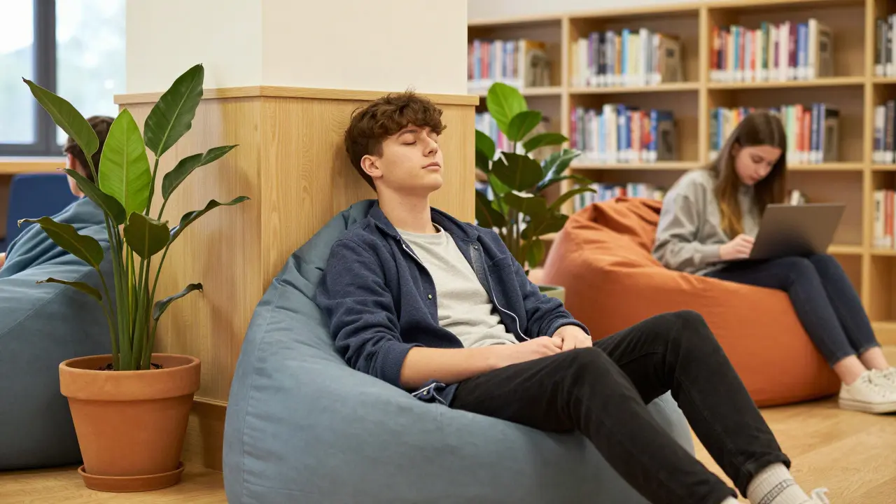 A teenager relaxing in a cozy, plant-filled calm corner to practice self-regulation.