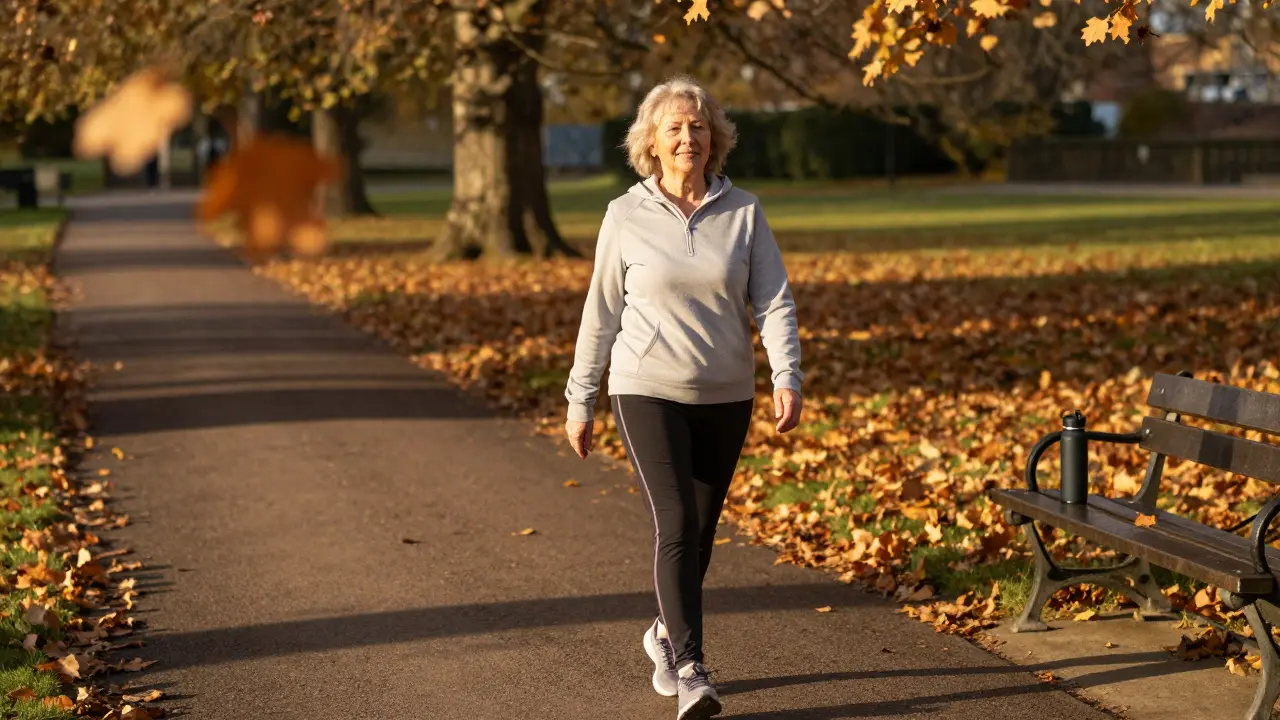 Active senior woman walking in autumn park