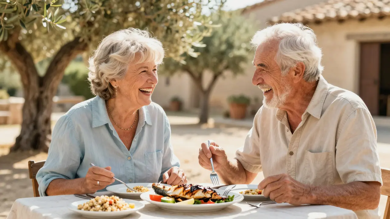 Elderly couple enjoying a healthy meal together outdoors