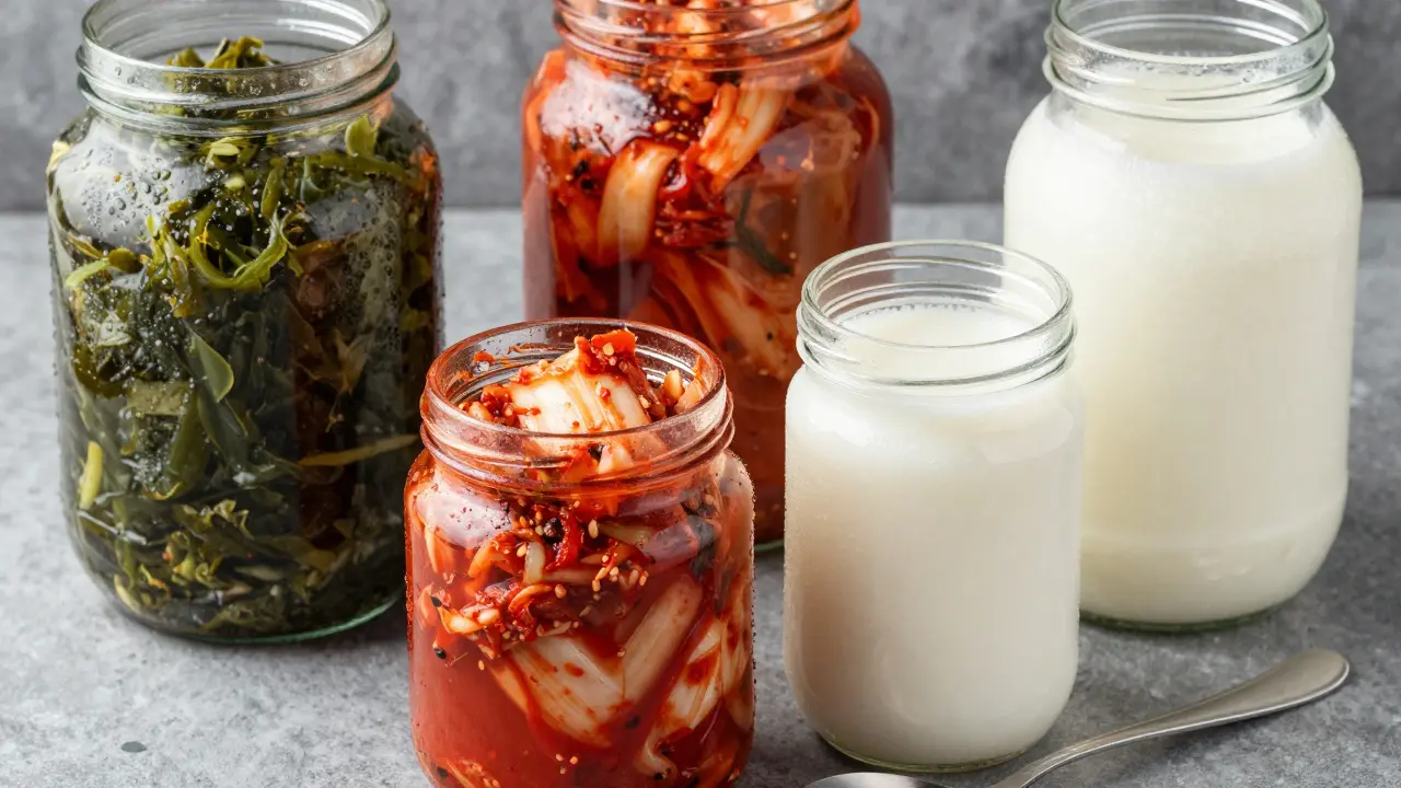 Glass jars of fermented foods like kimchi and sauerkraut on a stone counter