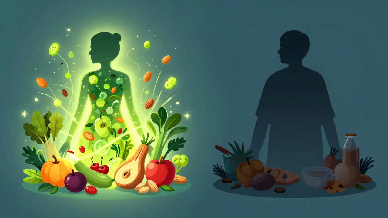 Illustration contrasting healthy and unhealthy dietary impacts