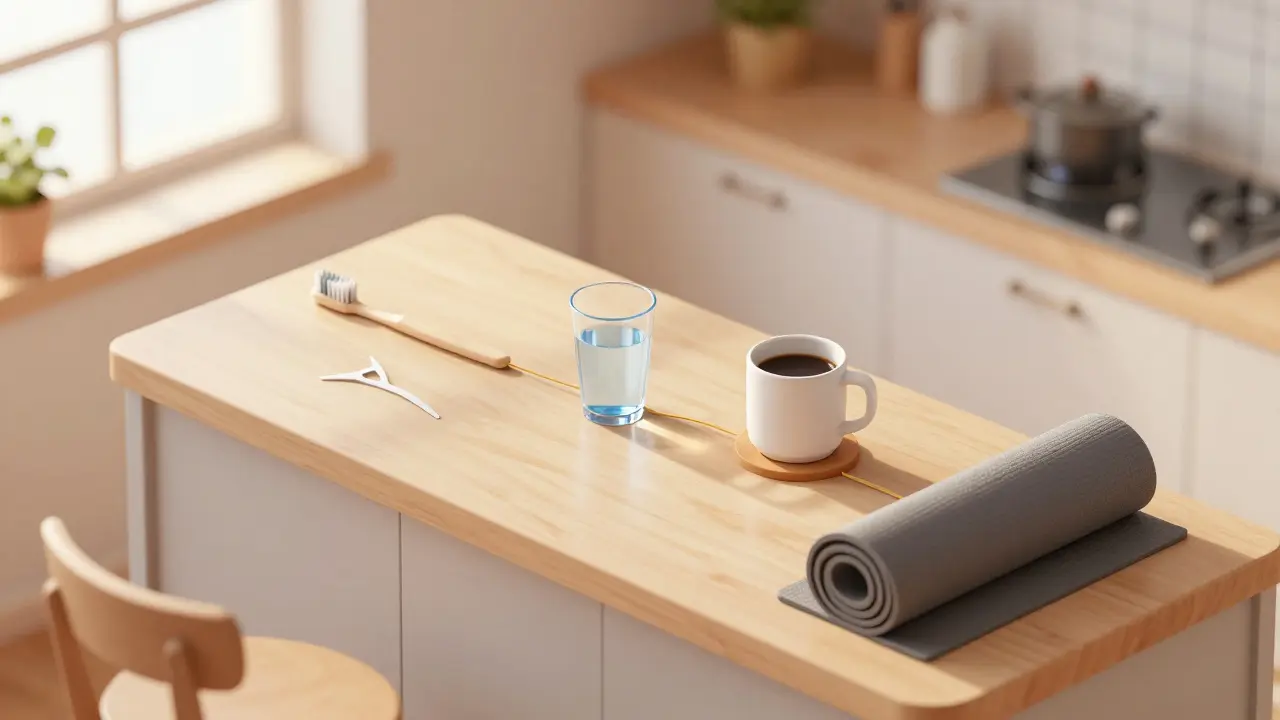 Isometric view of connected daily habits on a kitchen counter.