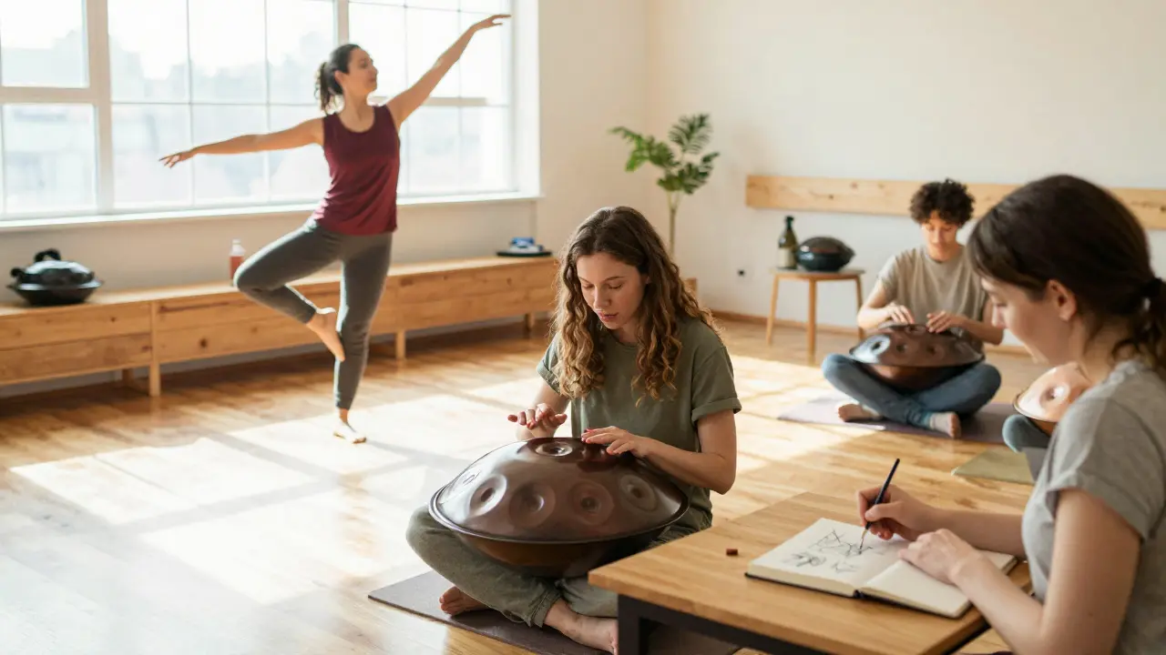 People enjoying music, dance, and art in a studio