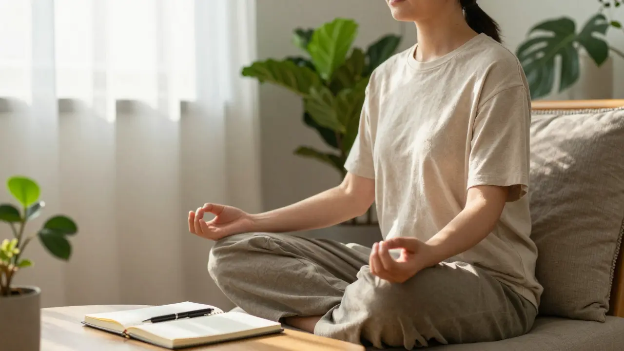 Person meditating in a calm room with a journal nearby.