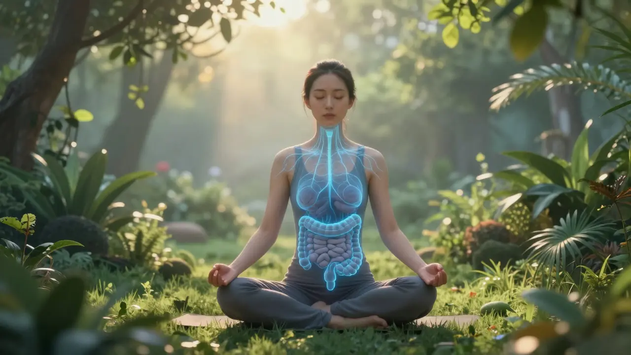 Person meditating in a garden with glowing lines connecting head and gut