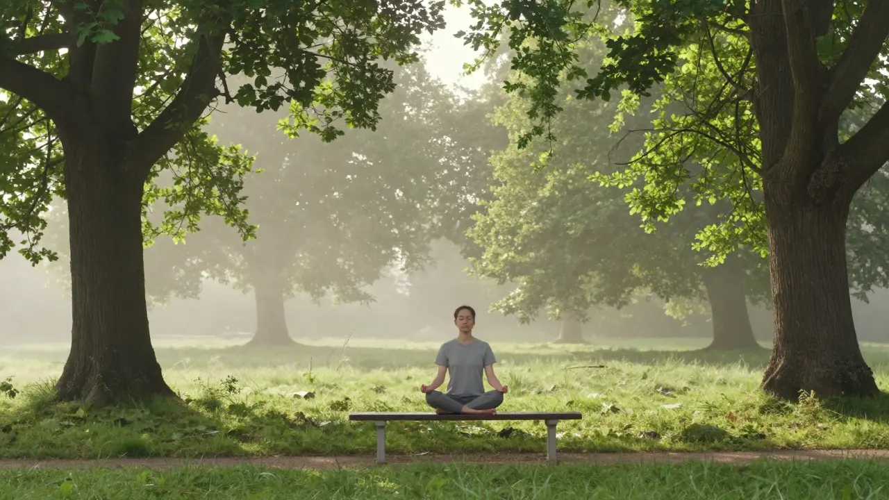 Person meditating peacefully in a misty green park