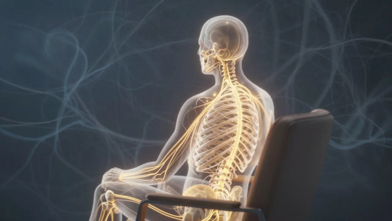 Abstract illustration of glowing nervous system inside human silhouette