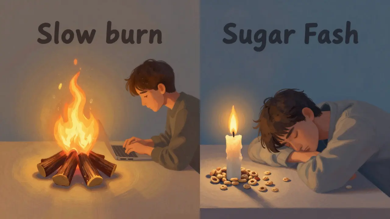 Artistic comparison of steady energy from balanced food vs sugar crash fatigue