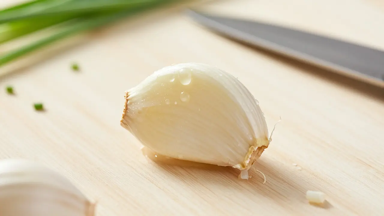 Close-up of a crushed garlic clove showing released juices and enzymes