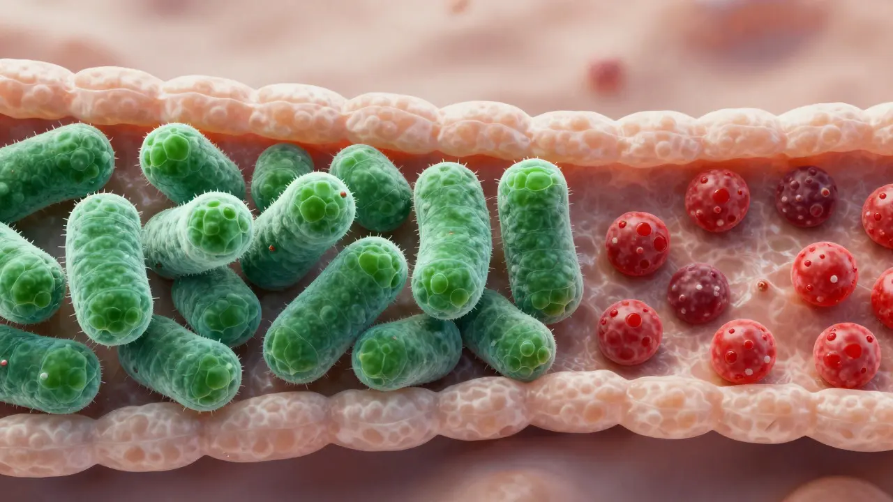 Close-up of a strong gut barrier blocking inflammatory toxins while hosting beneficial bacteria.