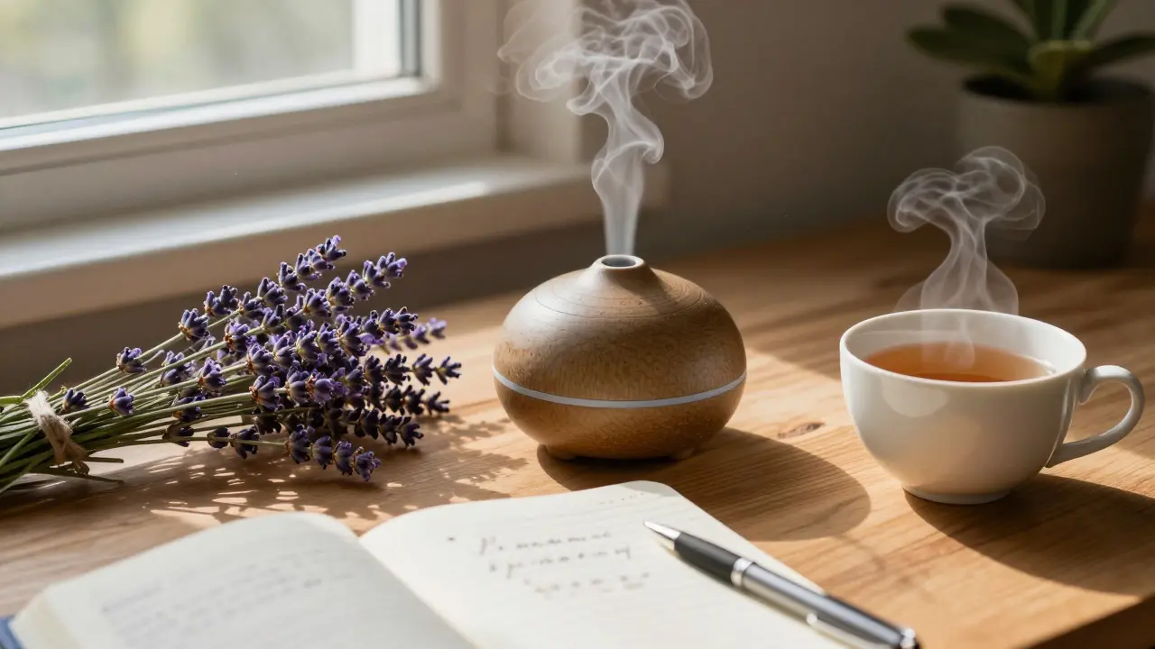 Cozy desk with lavender diffuser and journal