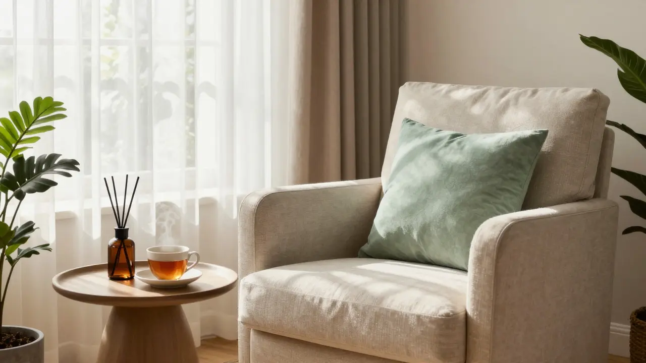 Cozy reading nook with chair, plants, and essential oil diffuser