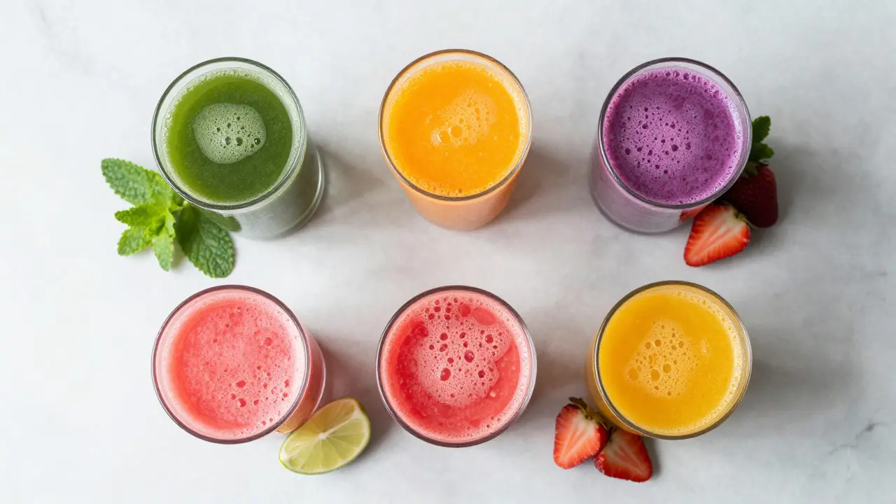 Five colorful glasses of healthy summer juices arranged on a marble surface