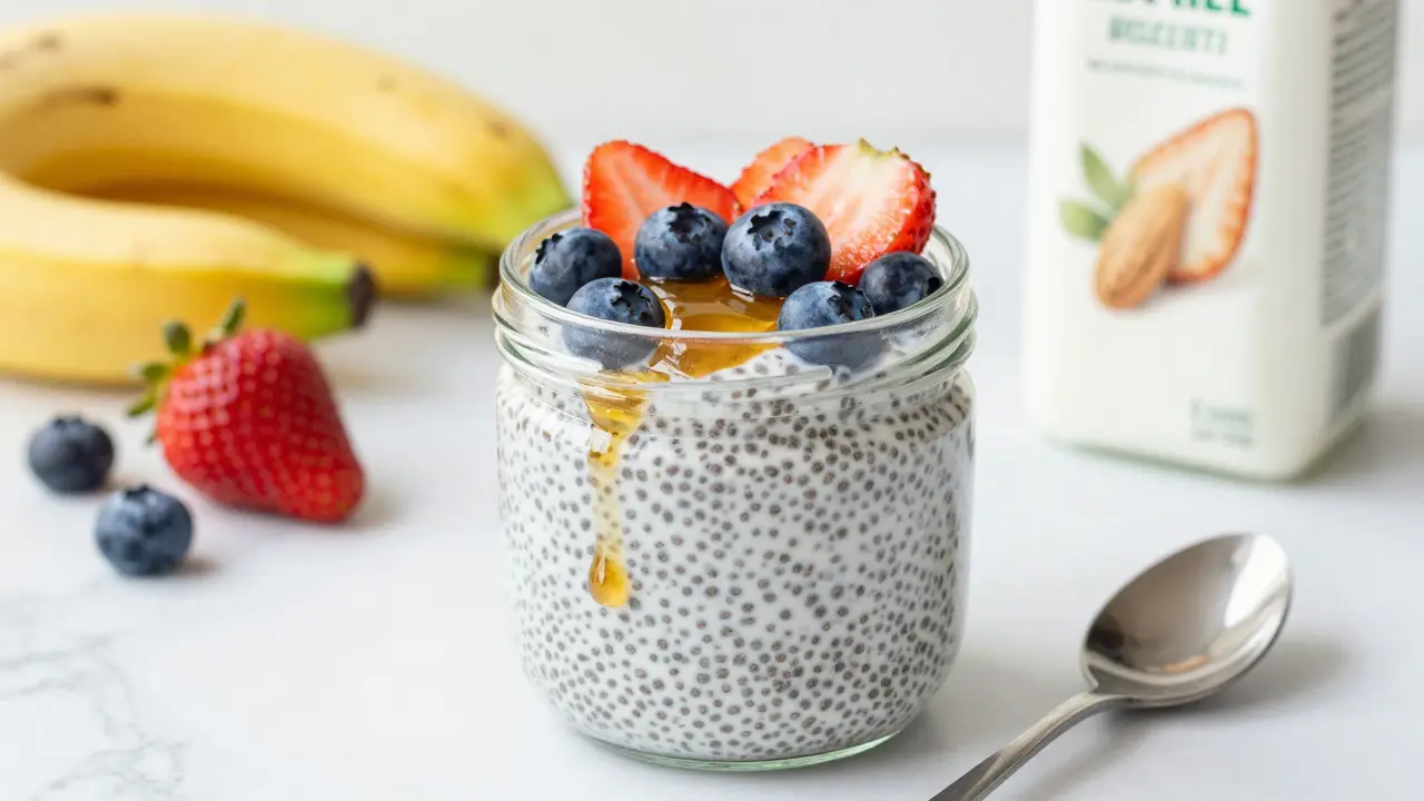 Glass jar of chia pudding topped with fresh berries and honey