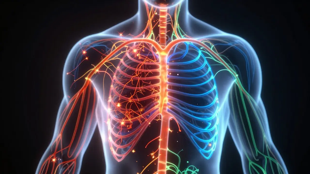 Glowing nervous system shifting from stress to calm