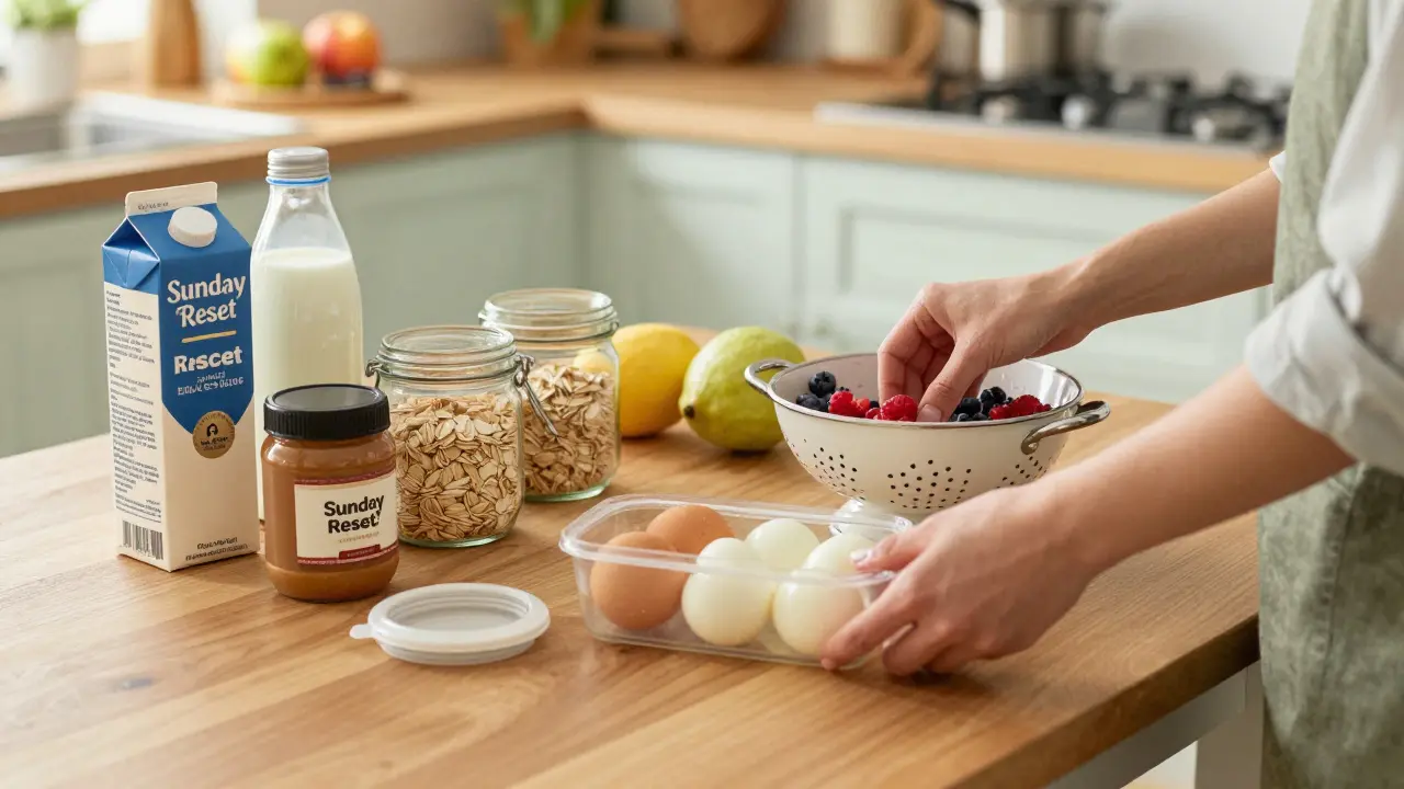 Hands preparing breakfast ingredients like eggs and berries on Sunday