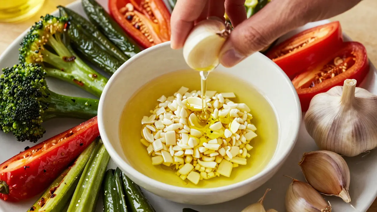 Healthy salad with fresh minced garlic being prepared for maximum benefit