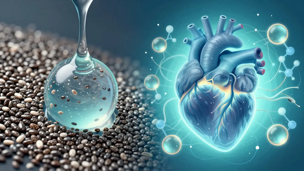 Illustration of chia seeds absorbing water and supporting heart health