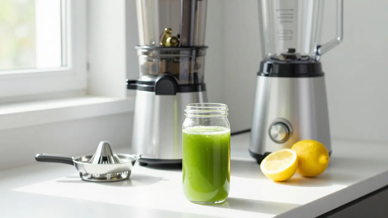 Juicing equipment and a glass of green juice on a bright kitchen counter